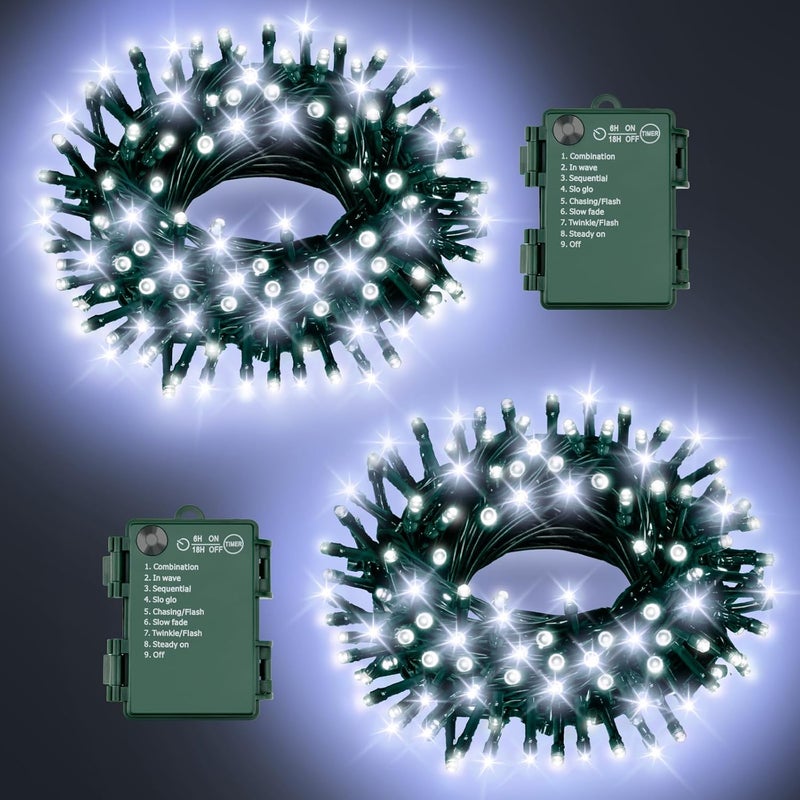FFZZKJ أضواء عيد الميلاد البيضاء الخارجية تعمل بالبطارية سلسلة أضواء إجمالي 100 LED 33 قدم مع مؤقت 8 أوضاع 16.4 قدم * 2 مقاومة للماء للاستخدام الداخلي والخارجي لتزيين عيد الميلاد، أبيض بارد، عبوة 2 - Image 1